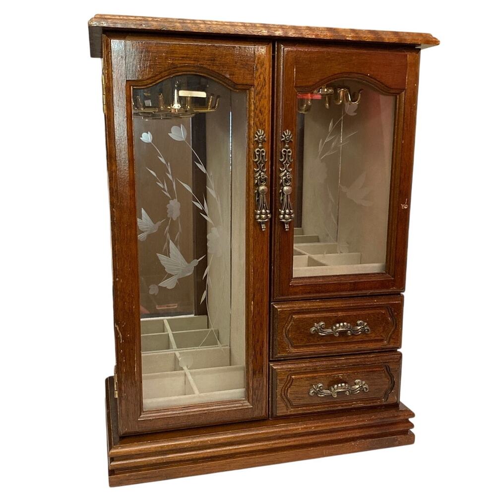 Vintage Large Jewelry Cabinet Etched Floral Glass mid century retro Music Box